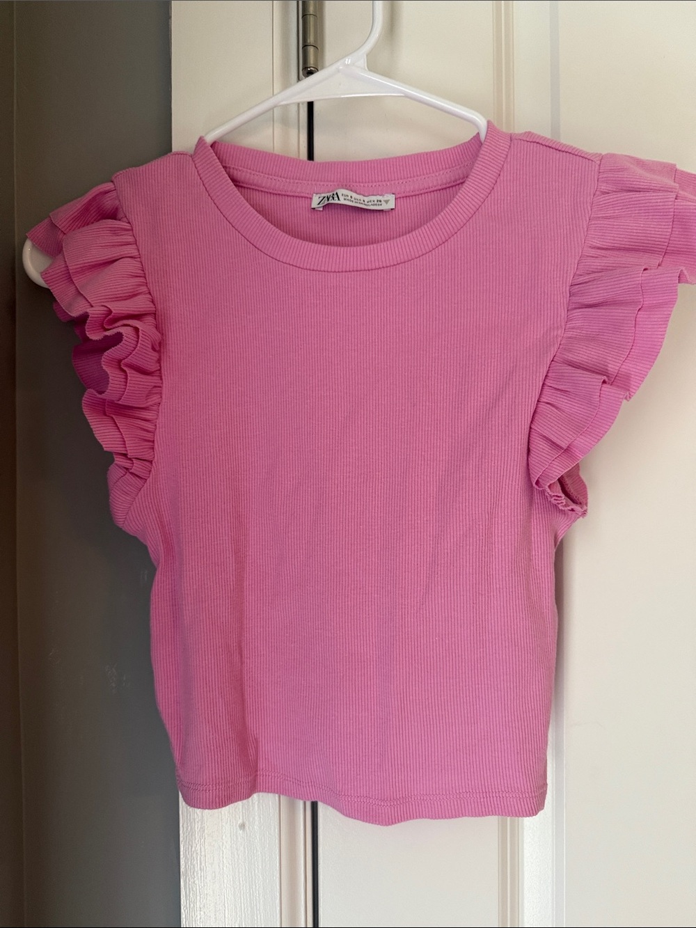 Zara Bright Pink Ruffle Sleeve Ribbed Tee